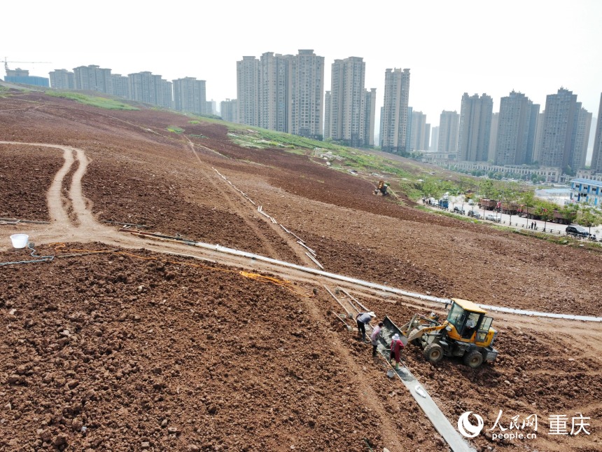 工人正在平整后的土地上修建简易人行步道。人民网记者 刘政宁摄