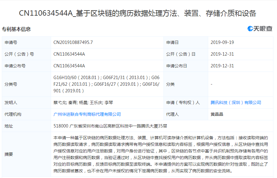 腾讯布局区块链 申请“区块链+病例数据处理”、“区块链+借贷”等专利