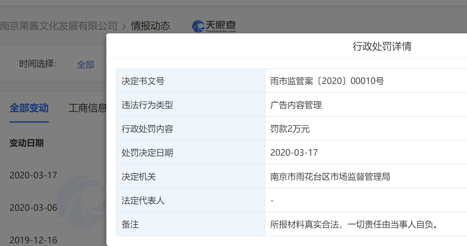 果酱文化因广告内容违法被处罚2万元 汪峰为该公司第三大股东