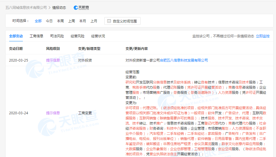 58同城旗下公司发生工商变更 经营范围新增二手车经销、鉴定评估等