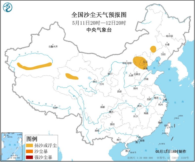 华南江南有降雨天气北方局地有大风和沙尘