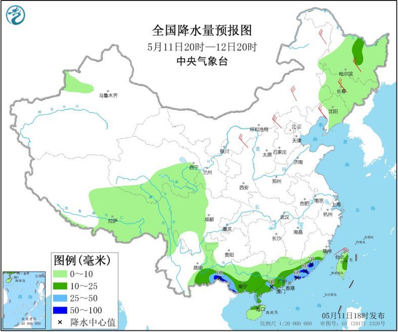 华南江南有降雨天气北方局地有大风和沙尘