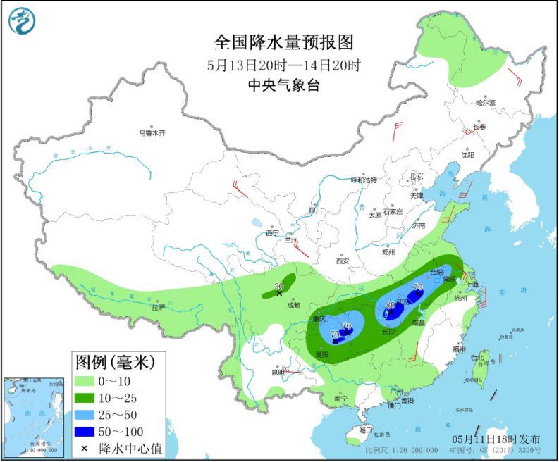 华南江南有降雨天气北方局地有大风和沙尘