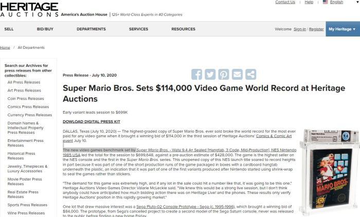 美国遗产拍卖公司在官网上发布消息称，35年前《超级马里》游戏卡带以11.4万美元价格拍出。