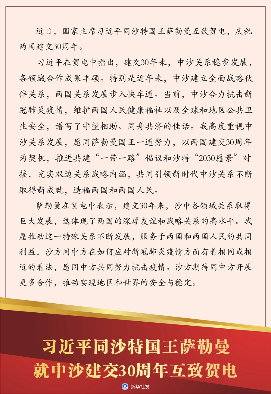 习近平同沙特国王萨勒曼就中沙建交30周年互致贺电