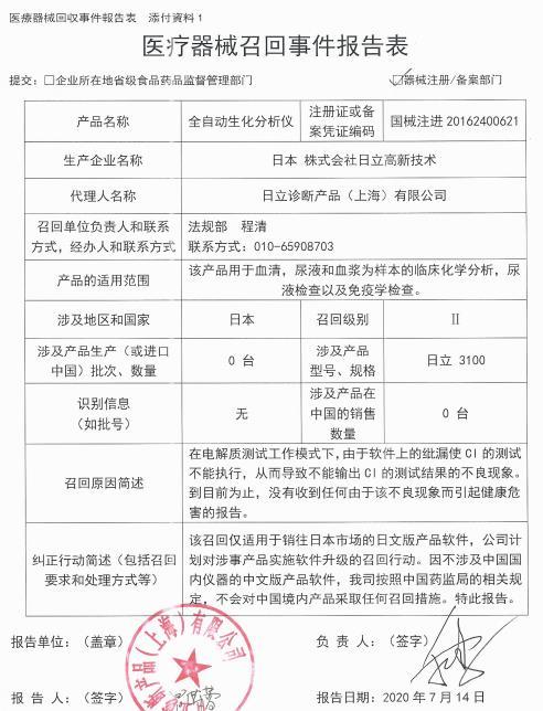 日立高新技术召回全自动生化分析仪 存在软件纰漏