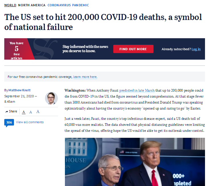 病亡人数已超20万 美国政府抗疫表现获评“糟糕透顶”！