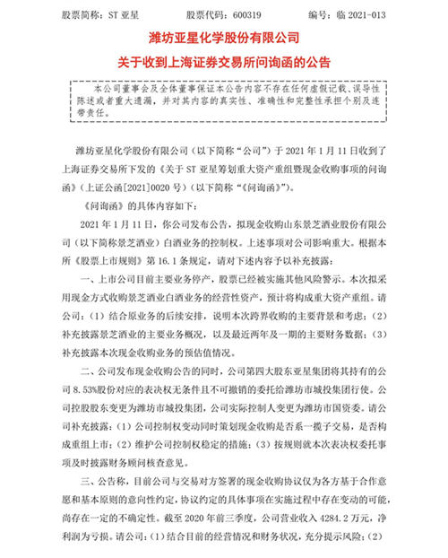 ST亚星收购景芝酒业白酒业务,被上交所要求披露相关财务数据