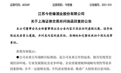 今世缘回复上交所问询函,“百亿”战略目标只是追求,并非承诺