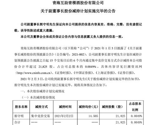 青青稞酒：副董事长郭守明共减持2.18万股