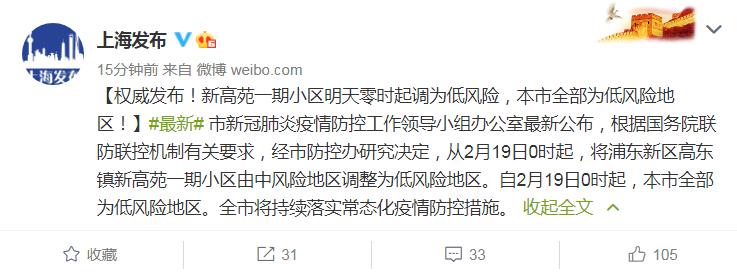 上海新高苑一期小区19日0时起调整为低风险地区