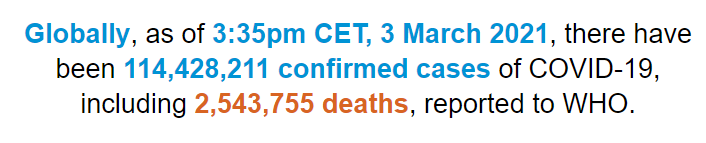 世卫组织：全球新冠肺炎确诊病例超过1.144亿例