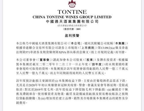 通天酒业：2020财年盈转亏，预亏约1.3亿元至1.9亿元