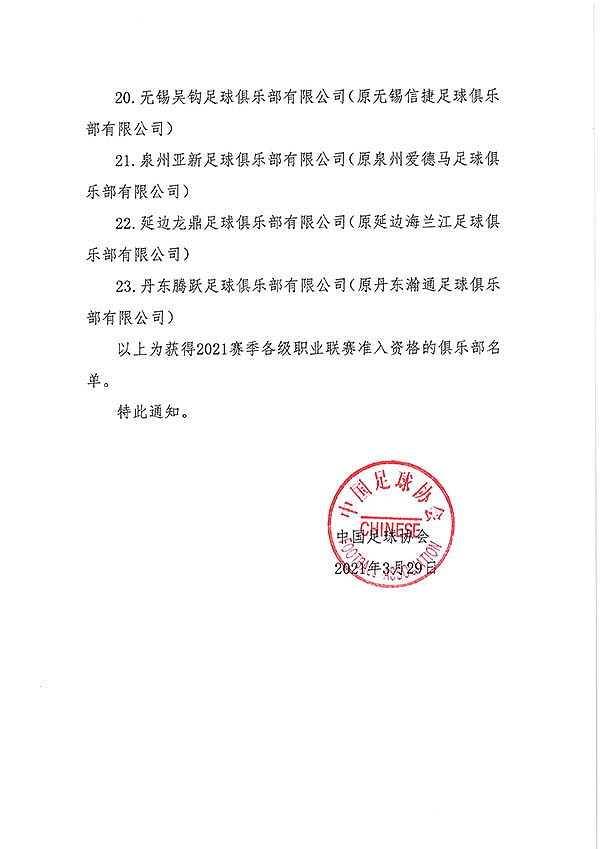 中国足协公布联赛准入名单：卫冕冠军江苏队暂时告别职业联赛