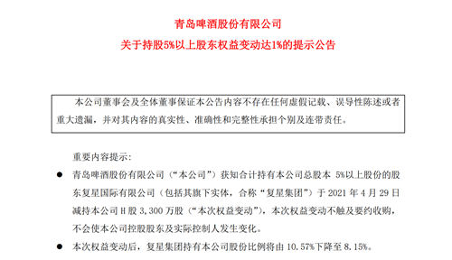 青岛啤酒：复星集团减持公司H股3300万股，持股降至8.2%
