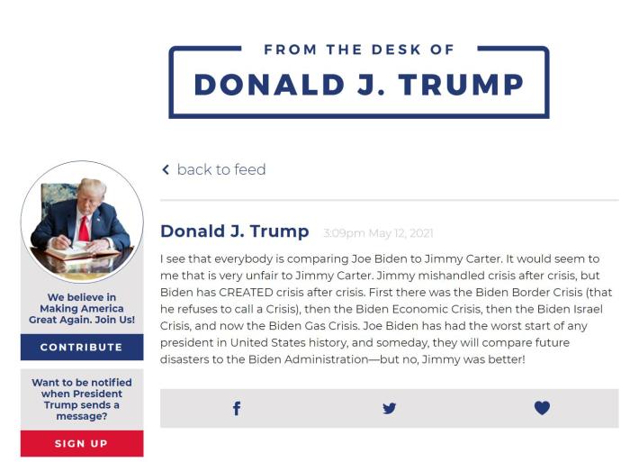 图片来源：美国前总统特朗普个人网站截图。