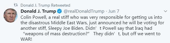 2020年6月7日，美国前总统特朗普在社交媒体“推特”上指责美国前国务卿鲍威尔。图片来源：特朗普社交媒体截图