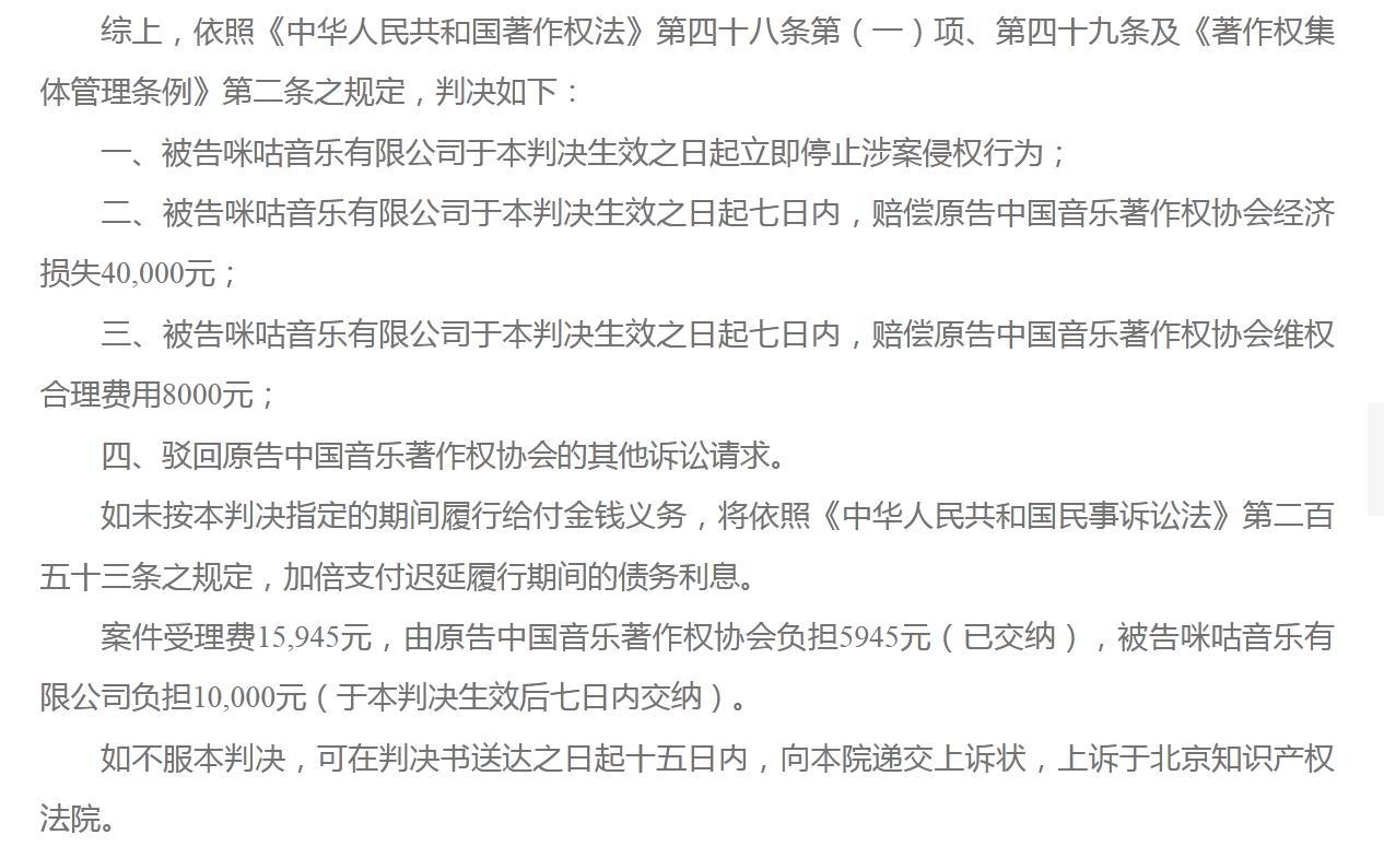 咪咕音乐成被执行人 因侵权音著协被判赔4.8万