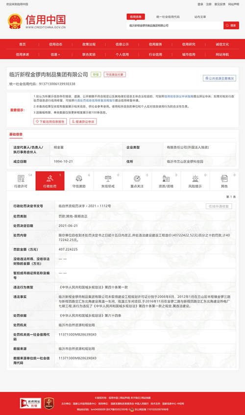 金锣集团因无证违建被罚407.22万元